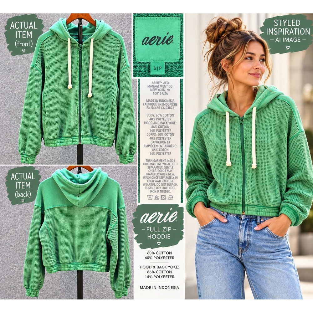 Aerie Full Zip Hoodie Womens Waffle Knit Cropped Green Small Excellent Gorpcore